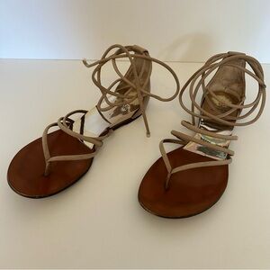 Tan strappy flat sandal ankle ties soft nubuck